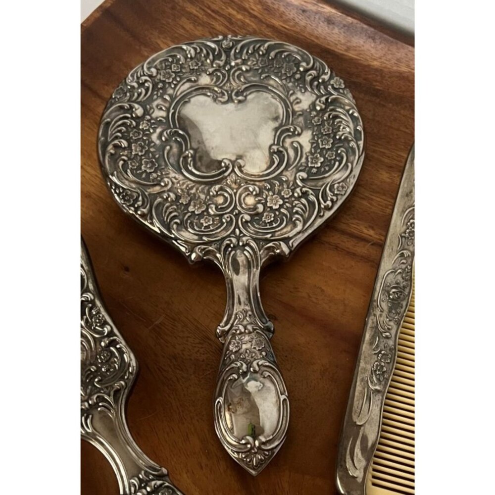 Vintage Silver-Plated Vanity Set Mirror Brush Comb Dressing Table Set - Picture 6 of 12